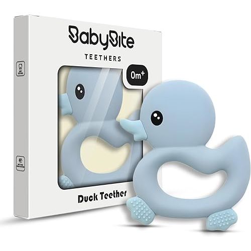 [BabyBite] Baby Teething Toys Cute Duck Teether for Sensory and Developmental Play for Baby and Toddler 100% BPA Free Food Grade Silicone (Blue)