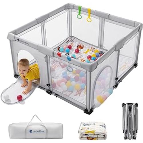 Foldable Baby Playpen with Mat, Foldable Playpen for Babies and Toddlers,Folding Portable Kids Play Pen, Collapsible Play Yard with 4 Handles,Indoor & Outdoor Baby Play Area with Breathable Mesh