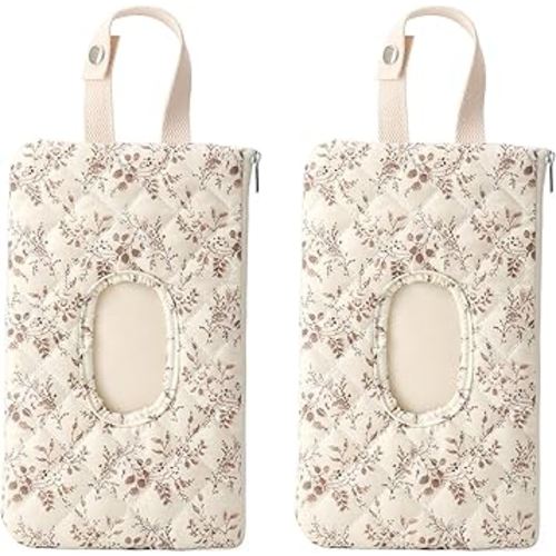 Quilted Baby Wipe Holder Floral Diaper Pouch Portable Quilted Wipes Bag for Travel Stroller Daily Casual (Beige+Beige)