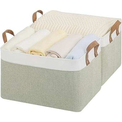 StorageWorks Storage Bins, Fabric Storage Bins for Shelves, Large Storage Baskets with Metal Frame, Closet Baskets and Bins with Handles, Green and White, 2-Pack