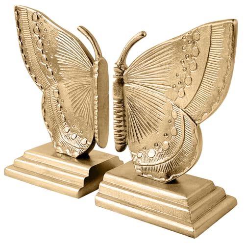 NOVAURB Vintage Brass Decorative Bookends Butterfly Design, Heavy Sturdy Cast Iron Book Ends, Metal Bronze Shelves Stoppers Holder Decor, 1Pair/2Piece