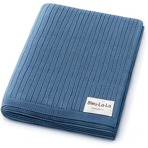 Organic Ribbed Swaddle Blanket for Boys & Girls - 100% Luxury Organic Soft Cotton Knit Warm Cozy Cuddle Stroller Blanket for Newborns, Infants, & Toddlers (Denim Blue)