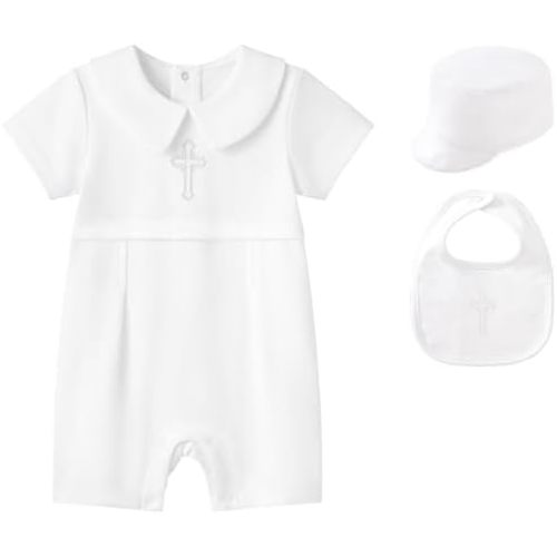 pureborn Unisex Baby Jumpsuit Infant Boys Girls Cotton Spring Fall Romper One-Piece Coverall Baptism Outfit White 0-24 Months