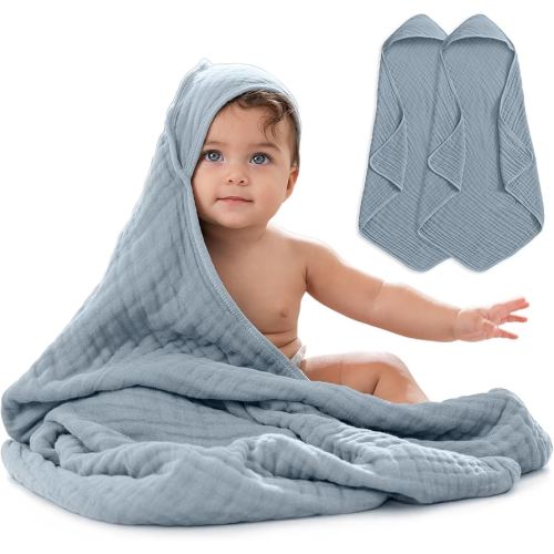 Comfy Cubs Hooded Baby Towel 2-Pack, Large 32 x 32 Inch - 6 Layer 100% Muslin Cotton for Babies, Toddlers and Kids - Soft & Absorbent Baby Bath Towels - Unisex Design for Bath Time - Pacific Blue