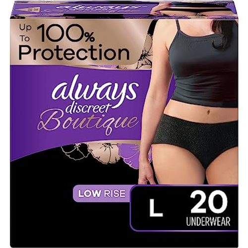Always Discreet Boutique Adult Incontinence & Postpartum Underwear for Women, Low-Rise, Size Large, Black, Maximum Absorbency, Disposable, 20 Count (Packaging May Vary)