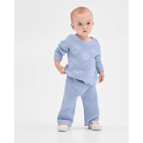 Baby Organic Cotton Knit Top & Pants 2 Piece Set - Flowers Blue