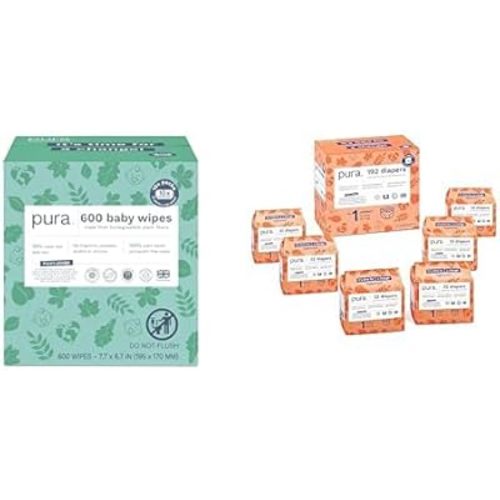 Pura Newborn Bundles of Joy Starter Pack Size 1 Eco-Friendly Diapers (192 Diapers) & 99% Water Baby Wipes (600 Wipes) TCF, Suitable for Sensitive Skin, Fragrance Free & Hypoallergenic