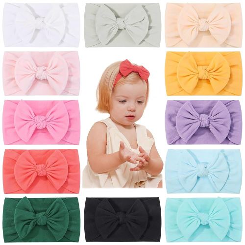 jollybows 12pcs Baby Nylon Headbands With Bow Elastic Hairband For Girls Newborn Infant Toddlers Kids Hair Accessories- Soft Light Color Set