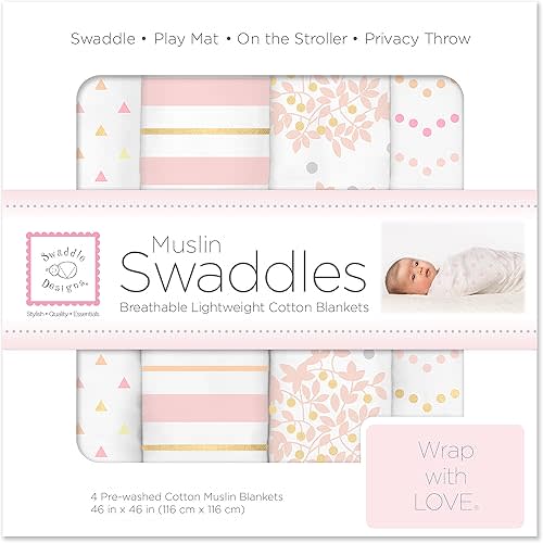 SwaddleDesigns Cotton Muslin Swaddle Blankets, Set of 4, 46x46 inches, Heavenly Floral