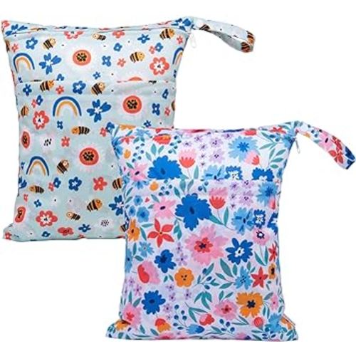 ALVABABY 2pcs Cloth Diaper Wet Dry Bags Waterproof Reusable with Two Zippered Pockets Travel Beach Pool Daycare Soiled Baby Items Yoga Gym Bag for Swimsuits or Wet Clothes LX-YX8688