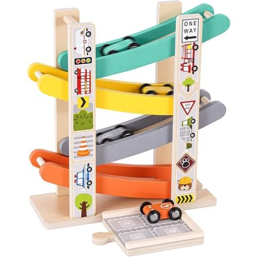 Car Ramp Toys for One Year Old Boy, Toddler Montessori Toys, Wooden Car Tracks for Toddlers 1-3, Race Cars Ramp Track with 4 Mini Cars & Parking Lots, 1st Birthday Gifts Boy