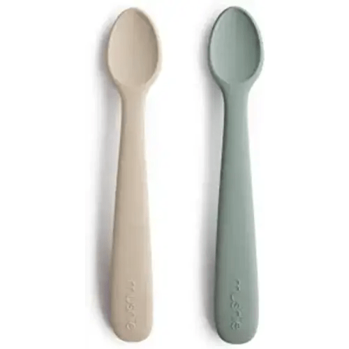 mushie Silicone Baby Feeding Spoons | 2 Pack (Cambridge Blue/Shifting Sand)
