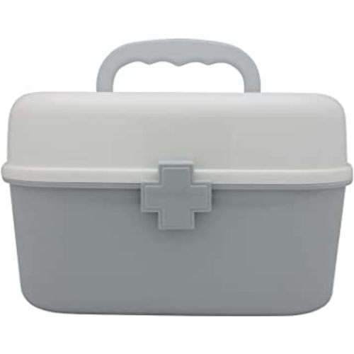 BangQiao Plastic First Aid Storage Box Container Bin with Removable Tray and Portable Handle, Family Emergency Medicine Kit Case Organizer, White&Gray