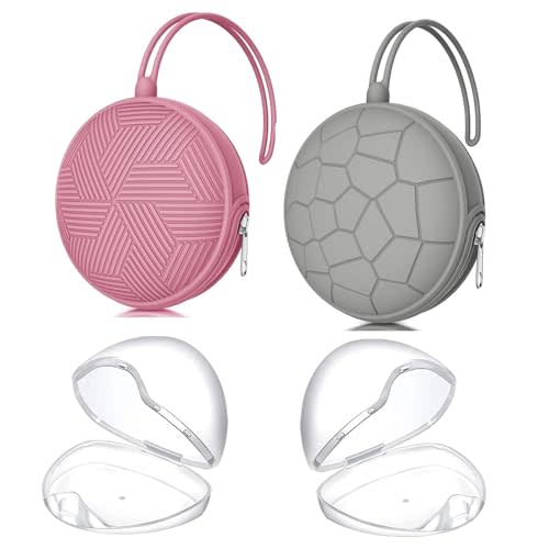 4 Pack Holder Case Set, 2 Silicone Portable Pacifier Cover Pouch Bag for Diaper Bags Baby Carriage With 4 Transparent Storage Container Box, Easy to Clean, Power Rose+Grey