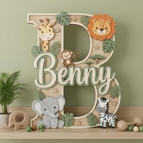 Personalized Safari Nursery Name Sign, Custom Wooden Jungle Decor, 3D Animal Wall Art with Lion Elephant Giraffe, Sage Green Baby Gift