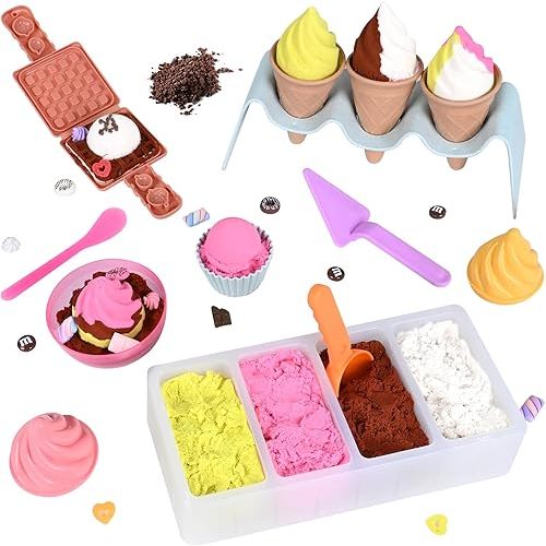 Ice Cream Shop Play Sand for Kids - Sensory Bin with 34 Decorations, 2 Pounds of Sensory Sand, Fine Motor Skills Activities Kids Sensory Toys for Girls and Boys 3 4 5 6 7 8 Year and Up