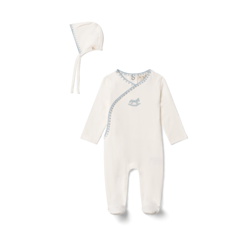 Boy Embroidered Rocking Horse Wrap Romper with Bonnet