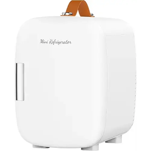 DUMOS Mini Fridge for Bedroom, 4L Compact Personal Fridge Cooler For Skincare, Drinks, And Snacks, Fits 6 Cans, Mini Refrigerator with 110V Ac/12V Dc, Ideal For Car, Dorm, White