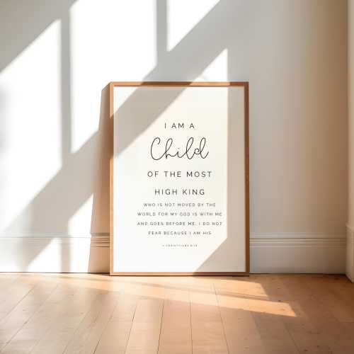 2 Corinthians 6:18, I am a Child of the Most High King, Christian Nursery Printable, Nursery Bible Verse Wall Art, Nursery Scripture Prints