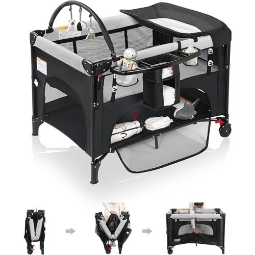 4 in 1 Baby Bassinet Bedside Crib with One-Hand Setup & Waterproof Mattress – ASTM-Certified Pack and Play, Portable Foldable Playard with Diaper Changer for Newborn to Toddler(Black)
