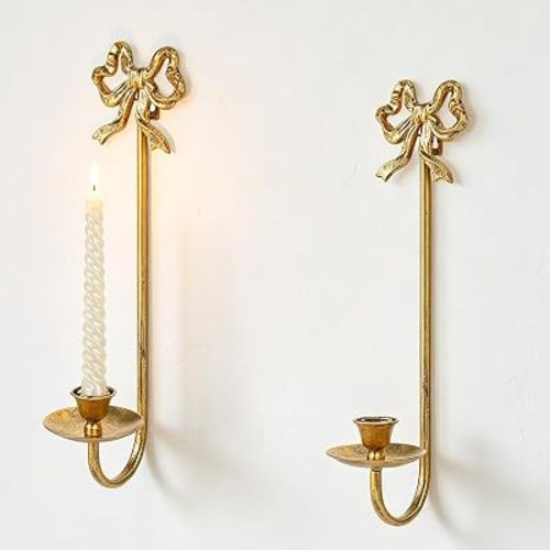 Gold Wall Taper Candle Holders Set of 2 with Bow, Metal Wall Candle Sconces