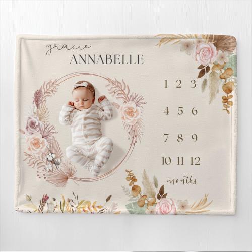 Personalized Baby Girl Milestone Blanket, Floral Milestone Blanket, Floral Monthly Blanket, Newborn Wreath Blanket, Wildflower Boho Baby