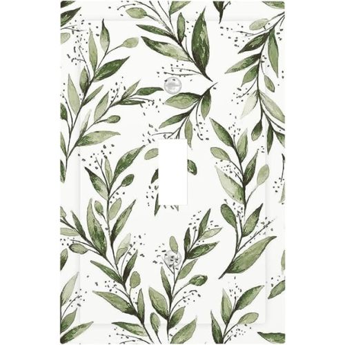 Green White Eucalyptus Olive Leaf 1 Gang Light Switch Cover Decorative Sage Floral Single Toggle Wall Plate Switchcovers Electrical Switchplate Home Decor for Bathroom Living Room Decorate