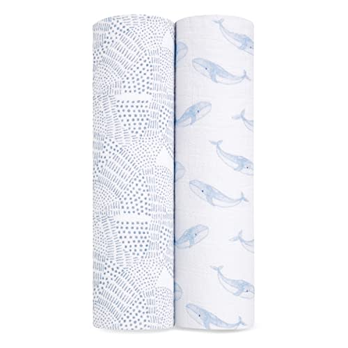 aden + anais Boutique Organic Cotton Muslin Swaddle 2 Pack, Breathable Baby Receiving Blanket, Soft and Lightweight Wrap, Diaper Bag Must Have, Oceanic