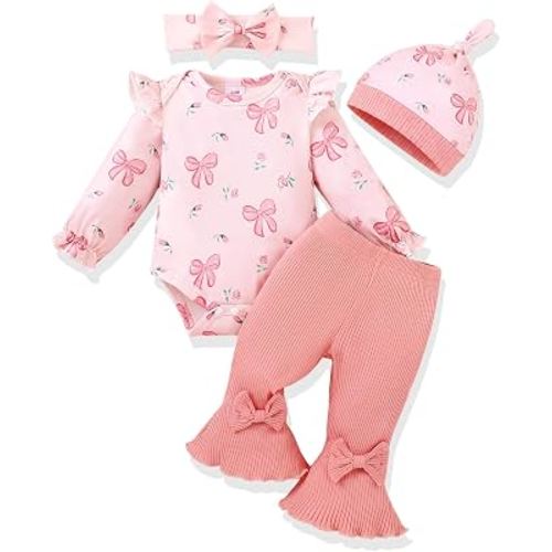 AMAWMW Baby Girl Clothes Ruffle Sleeve Romper Flared Pants Infant Outfit | 4 Pieces Outfit, 0-18 Months, Soft and Skin-friendly Fabric, Bow or Floral Print, Fall Winter Clothing Set
