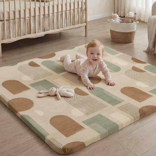Blissful Diary 1.3" Thick Baby Play Mat, 50x50 Playpen Mat with Removable & Washable Cover, Ultra Soft Crawling Rug for Floor, Foam Cushion & Non-Slip Backing for Kids, Toddlers, Earth Tone Rainbow