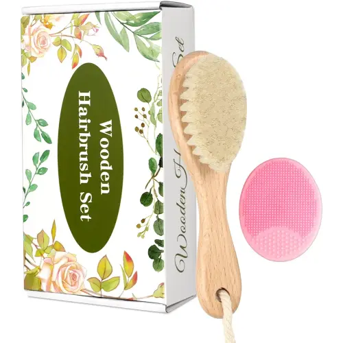 Wooden Soft Goat Bristles Brush with Baby Silicone Hair Scrubber Cradle Cap Brush for Newborn, Toddler, Infant, Baby Hair Care Kit (Pink)