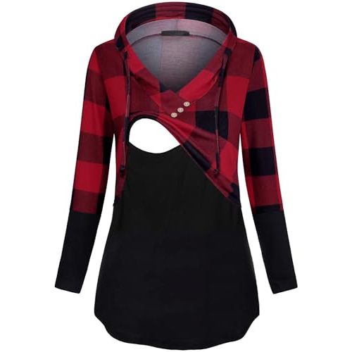 Quinee Women's Long Sleeve Plaid Colorblock Nursing Pullover Hoodie Sweatshirts