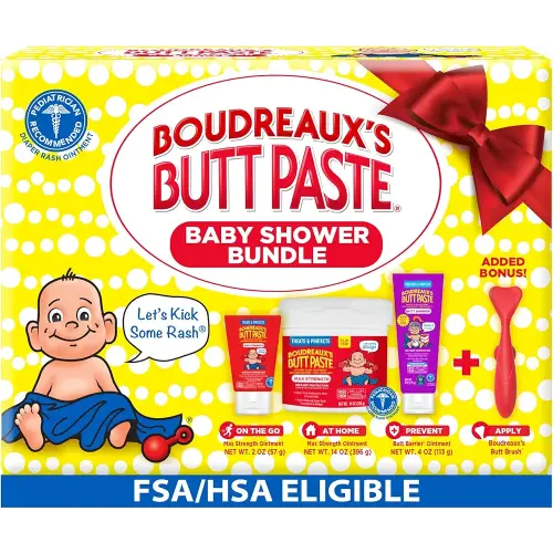 Boudreaux’s Butt Paste Baby Shower Bundle with 3 Newborn Essentials – Zinc Oxide Diaper Rash Cream (14 Oz Jar & 2 Oz Tube), Preventative Ointment (4 Oz Tube) and Silicone Applicator