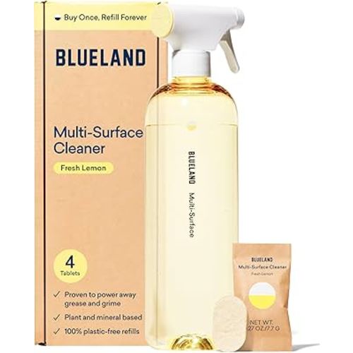 BLUELAND Multi-surface Cleaner, Starter Set, Fresh Lemon Scent, Spray Bottle with 4 Refill Tablets, All-Purpose, Eco-Friendly Cleaning Supplies, 4 x 24 Fl oz