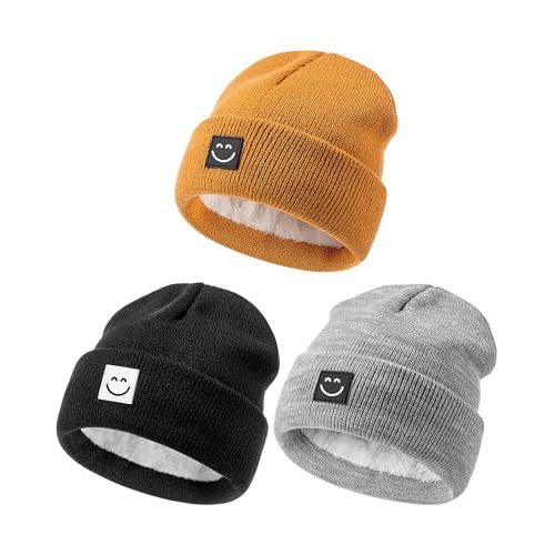Hispeka Baby Beanie Hat 3 Packs with Cute Smiley Face, Toddler Girls Boys Baby Hats Winter, Kids Winter Hat Cold Weather