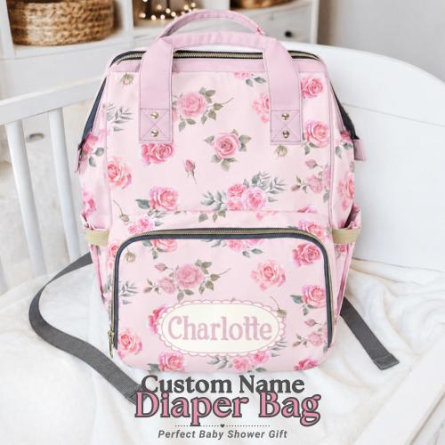 Personalized Diaper Bag Backpack, Floral Rose Print, Custom Baby Girl Bag, Coquette Style, Shower Gift, New Mom