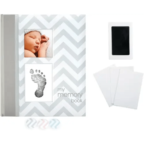 Pearhead Baby Memory Book, First 5 Years Baby Milestone Book, Pregnancy Journal, Newborn Baby Girl or Baby Boy Keepsake, With Clean-Touch Ink Pad For Baby's Handprint or Footprint, Gray Chevron