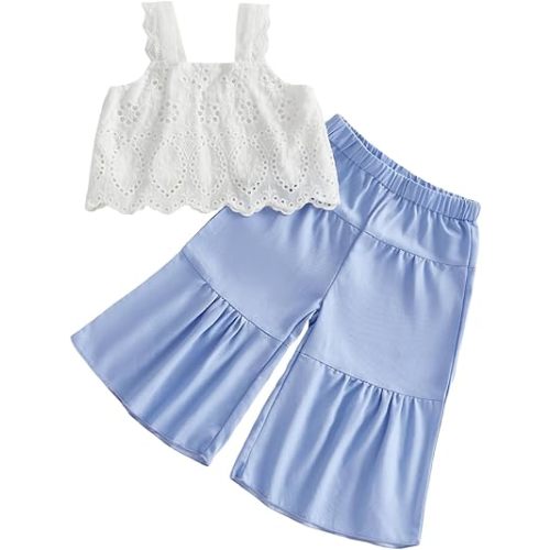 VISGOGO Toddler Baby Girls Summer Outfit Sleeveless Lace Embroidery Clothes Toddler Kids Tank Tops Bell-bottom Pants Set