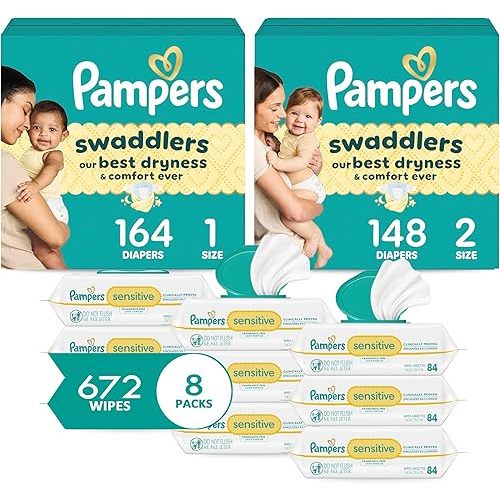 Pampers Baby Diapers and Wipes Starter Kit, Swaddlers Disposable Baby Diapers Sizes 1 (164 Count) & 2 (148 Count) with Sensitive Water Based Baby Wipes 8X Pack Pop-Top (672 Count)