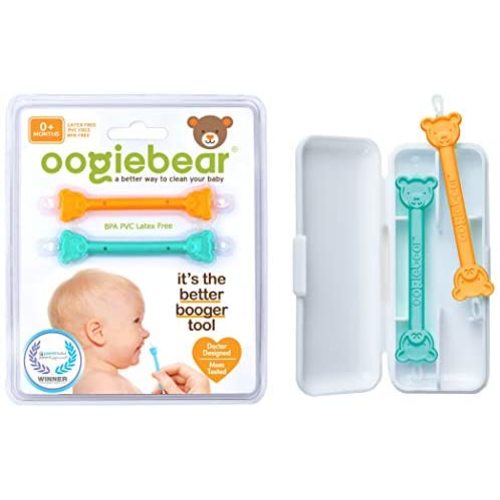 oogiebear Two Pack - Patented Curved Scoop and Loop; Safe Baby Nasal Booger and Ear Cleaner - Baby Nose Cleaner Gadget for Infants and Toddlers. Dual Earwax Snot Removal - Orange Seafoam with case