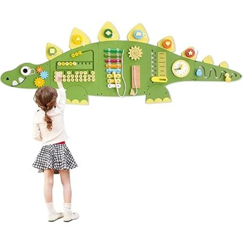 Beright Dinosaur Activity Wall Busy Board Panels, Montessori Sensory Toys, Toddler Learning Activity Center, Perfect for Toddler Playroom & Children's Daycare, Green