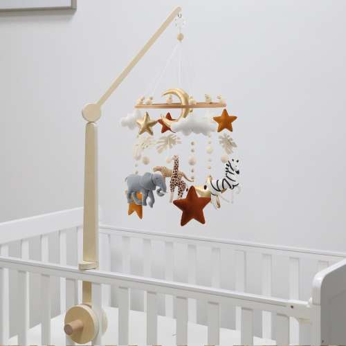 Safari Crib Mobile: Neutral Jungle Animals, Stars, Clouds (Optional Crib Arm)