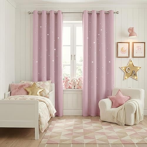NICETOWN Kids Curtains for Bedroom Living Room Thermal Insulated Twinkle Star Cutout Curtains for Girls Baby Room, Grommet Top Window Treatment Drape for Nursery, (42" W x 84" L, 1 Panel, Baby Pink)