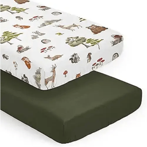 Sweet Jojo Designs 2-Piece Baby Crib Sheets Set (Woodland Animals) for Boys or Girls, Infant Nursery, Toddler Room - Standard Size (Forest Animal Friends, Neutral, Bear, Hedgehog, Fox, Dark Green)