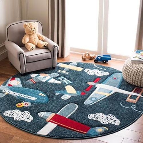 SAFAVIEH Carousel Kids Collection 5'3" Round Navy/Ivory CRK167N Airplane Nursery Playroom Area Rug