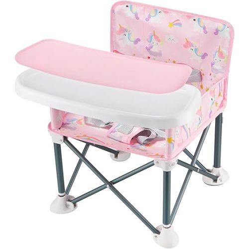 PandaEar Portable Baby Booster Seat | Compact Fold with Safety Straps & Feeding Tray for Indoor/Outdoor Use | Great for Travel, Camping, Beach, Lawn | Toddlers, Kids, Boys, Girls (Pink Unicorn)