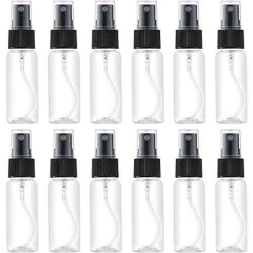 LISAPACK 1oz Small Plastic Spray Bottle (12 Pack) Empty Mini Fine Mist Travel Size Atomizer, Tiny Sprayer for Little Perfume, Water, Cologne, Alcohol, Samples (Clear, 30ml)