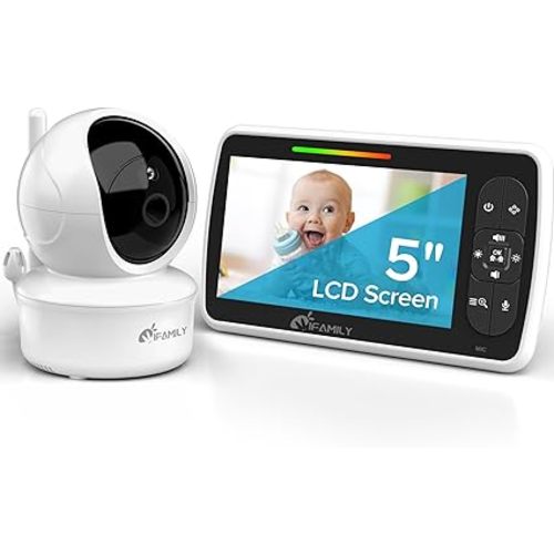 iFamily Baby Monitor - Large 5" Screen with 30Hrs Battery Life - Remote Pan-Tilt-Zoom;No WiFi, Two-Way Audio, Night Vision, Temperature, Lullabies, 960ft Long Range Baby Monitor with Camera and Audio