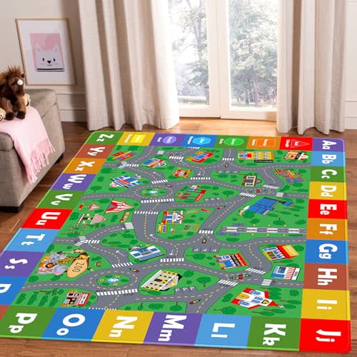 Kids Play Mat, Super Soft Car Track Rug, ABC and Shapes Educational Playmat, Non-Slip City Road Traffic Carpet Nursery Rugs for Playroom Bedroom Boys, Children Play Area Rug
