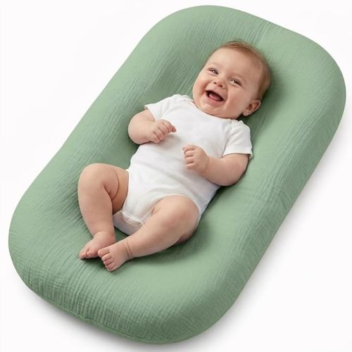 Infant Support Mat, Muslin Cotton Cover, Supportive Tummy Time Mat for Supervised Awake Use, Lightweight Nursery Essential (0-24 Months), Green